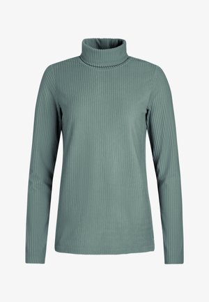 Long-sleeve turtleneck top in soft, ribbed fabric, featuring a muted green color and a fitted silhouette.