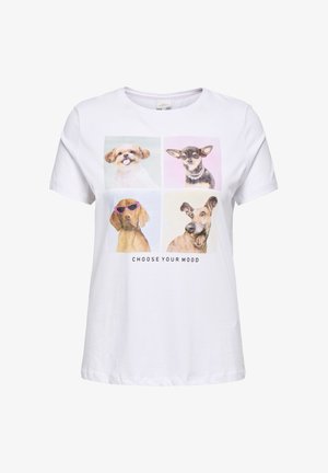 Witte katoen t-shirt met vier hondenafbeeldingen in vierkante kaders. De tekst hieronder luidt "KIES JE STEMMING." Korte mouwen en ronde hals.