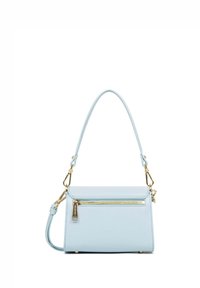 Borsa a mano in pelle azzurro chiaro con tasca frontale con zip, finiture in oro e un manico superiore singolo, dotata di tracolla removibile.
