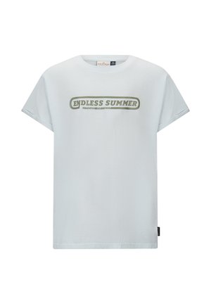 Hellblaues Baumwoll-T-Shirt mit lockerer Passform, mit dem Aufdruck "ENDLESS SUMMER" in olivgrüner Schrift auf der Vorderseite. Kurze Ärmel.