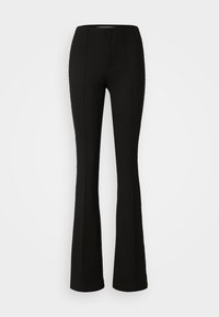 Schwarze ausgestellte Hose mit gerippter Textur, ausgestattet mit einer taillierten Taille und Nahtdetails, geeignet für verschiedene Anlässe.