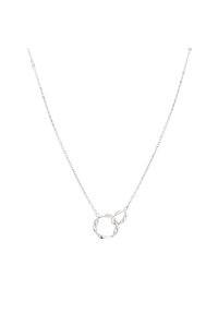 Zilveren ketting met twee in elkaar verweven hangervormen, een gladde textuur en een fijne ketting. Eenvoudig en modern ontwerp.