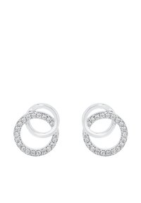 Silverhoopsörhängen med två sammanflätade cirklar, varav en är prydd med små klara kristaller som ger en strukturerad, glittrande detalj.