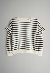 Wit- en zwart gestreepte trui met lange mouwen, gerimpelde details op de bovenarmen en geribbelde boorden aan de mouwen en zoom.