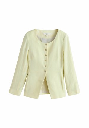 Hellgelber Damenblazer aus Leinen mit rundem Ausschnitt und sechs dekorativen Knöpfen vorne, langen Ärmeln und leicht ausgestelltem Saum.