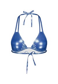 Blauwe bikinitop van een glanzend materiaal, met een driehoekige vorm, verstelbare strikbandjes en een geplooide band aan de onderkant.