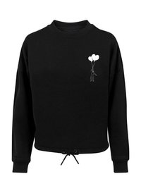 Black sweatshirt with a drawstring hem, featuring a white graphic of a figure holding heart-shaped balloons on the left side.