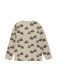 Langärmliges T-Shirt in Beige mit einem wiederholenden Druck von bunten Traktoren. Hergestellt aus weichem Stoff, verfügt es über einen klassischen Rundhalsausschnitt und einen geraden Saum.