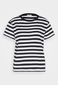 Sort-hvid stribet kortærmet t-shirt med rund tå, lavet af blødt stof, har en afslappet pasform og syede sømme.