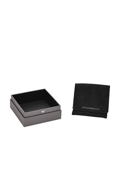 Gray presentation box with a smooth finish and a logo, alongside a black suede pouch featuring a printed brand name in silver.