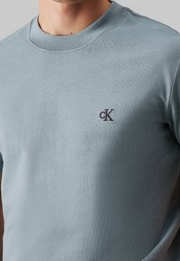 Vaaleansininen lyhythihainen puuvillapaita, jossa on pyöreä pääntie ja pieni tumma kirjailtu logo rinnassa.