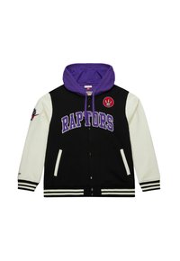 Schwarze Collegejacke mit weißen Ärmeln, lila Kapuze, "RAPTORS" in großen lila Buchstaben und einem roten Teamlogo-Patch auf der Brust. Gestreifte Bündchen.