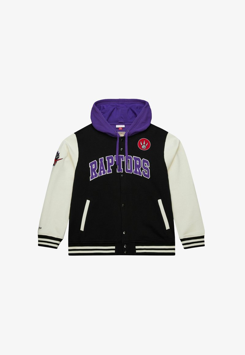 Black varsity jacket with white sleeves, purple hood, "RAPTORS" in large purple letters, and a red team logo patch on the chest. Striped cuffs.