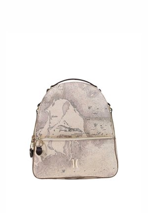 Lille beige rygsæk med vintage kortprint, lynlåslomme foran med runde gyldne lynlåstræk og kort topstrop.