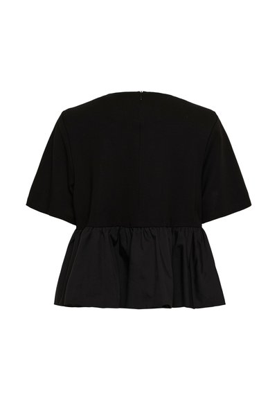 Haut noir à manches courtes avec encolure ronde et bas peplum froncé à l'arrière, doté d'une fermeture éclair centrale dans le dos.