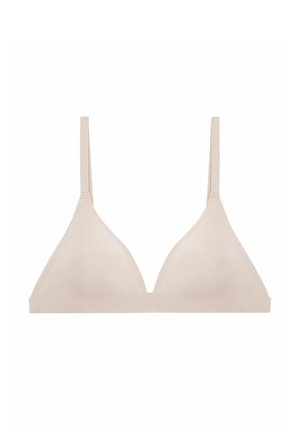 Light beige triangle bralette with thin straps, seamless design, soft fabric, and a smooth texture. No padding or underwire details.