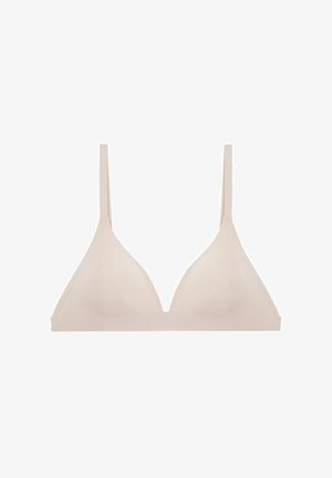 Lichtbeige driehoekige bralette met dunne bandjes, naadloos ontwerp, zachte stof en een gladde textuur. Geen voering of beugels.