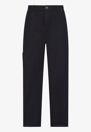 Dark blue denim pants with a straight cut, featuring a side cargo pocket and traditional front button closure. Smooth texture, casual design.