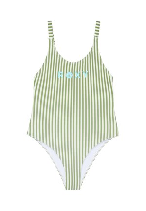 Jednoczęściowy kostium kąpielowy w pionowe zielono-białe paski, z cienkimi ramiączkami i jasnoniebieskim logo „ROXY” na piersi.
