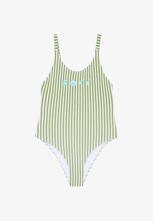 Jednoczęściowy kostium kąpielowy w pionowe zielono-białe paski, z cienkimi ramiączkami i jasnoniebieskim logo „ROXY” na piersi.