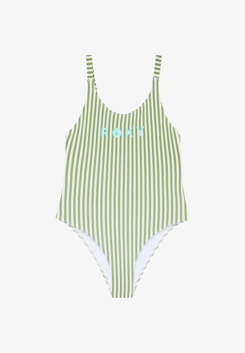 Maillot de bain une pièce rayé vertical vert et blanc avec des bretelles fines et un logo "ROXY" bleu clair sur la poitrine.