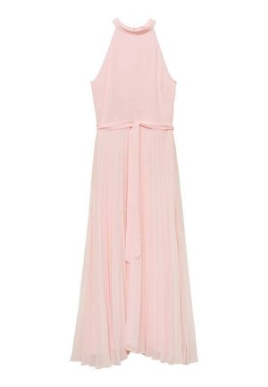 Rosa plisserad klänning med ärmlös design, hög halsringning och knytbar midja. Tillverkad av lättviktig tyg för en flödig silhuett.