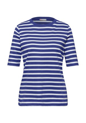 Niebiesko-biała koszulka w krótkie rękawy z poziomymi paskami, okrągłym dekoltem, prezentowana na białym tle.