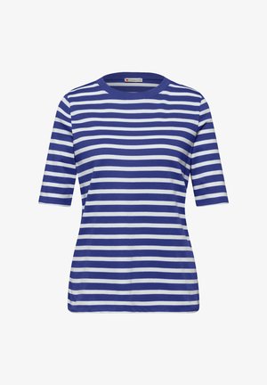 Niebiesko-biała koszulka w krótkie rękawy z poziomymi paskami, okrągłym dekoltem, prezentowana na białym tle.