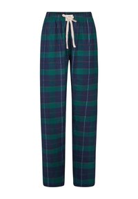 Navy en groene geruite pyjamabroek met elastische tailleband en witte trekkoord, recht model.