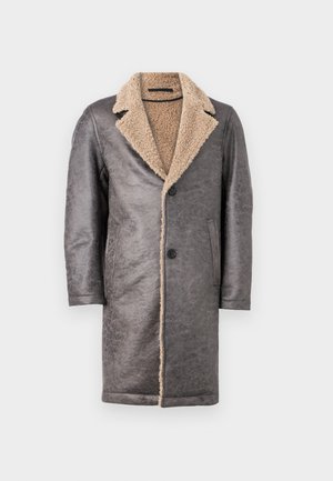 Gray leather coat featuring a beige shearling collar, long sleeves, and two side pockets, with a button closure at the front.
