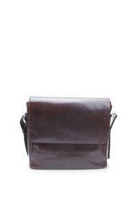 Brown leather messenger bag with a smooth texture, a flap closure, and an adjustable shoulder strap. Features minimal hardware accents.