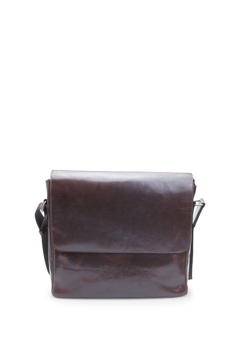 Brown leather messenger bag with a smooth texture, a flap closure, and an adjustable shoulder strap. Features minimal hardware accents.
