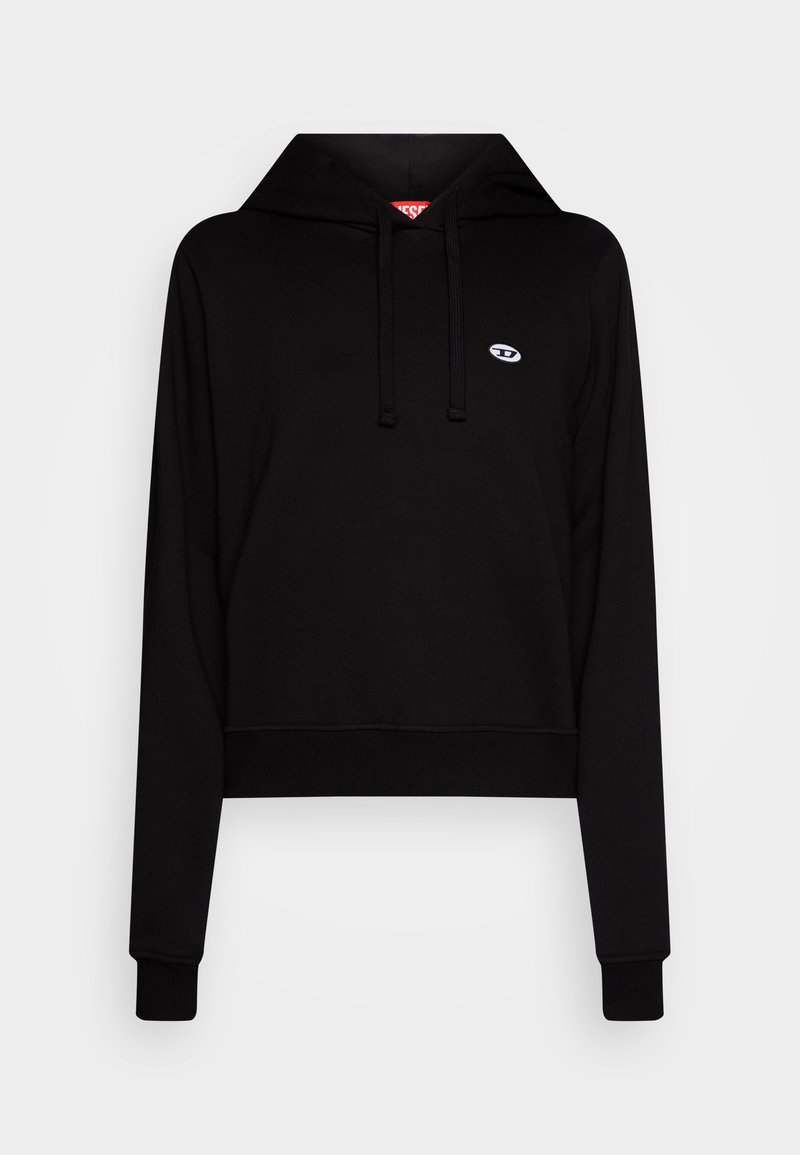 Schwarzer, kurz geschnittener Hoodie aus weichem Stoff, mit Kapuze und Kordelzug, gerippten Bündchen und einem kleinen weißen Logo auf der Brust.