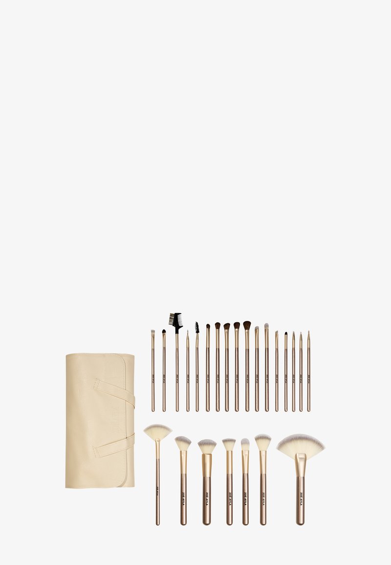 Set aus 20 roségoldenen Make-up-Pinseln mit verschiedenen Borstenformen sowie passendem beigen Pinselhalter-Beutel, dargestellt auf weißem Hintergrund.