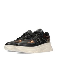 Black sneakers with a mix of leather and textured, metallic accents. Features thick, white sole and intricate lace design.
