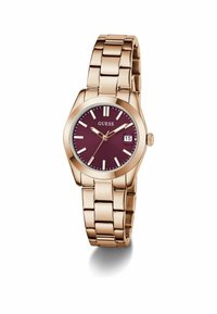 Reloj de metal en oro rosa con esfera redonda, dial burdeos oscuro, marcadores de hora plateados y una pantalla de fecha en el lateral. Diseño de pulsera de eslabones.