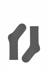Graue, strukturierte Stricksocken mit einem gerippten Bündchen und glatten Sohlen, in mittellanger Wadenhöhe und mit einem schlichten Design ohne Muster oder Akzente.