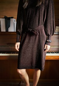 Robe brune scintillante à manches longues, ceinture nouée à la taille et poignets côtelés. Le tissu texturé offre un aspect scintillant.