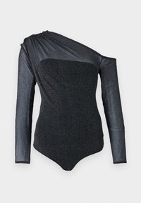 Schwarzer Bodysuit mit langem, einseitigem Ärmel, strukturiertem Stoff mit dezentem Schimmer und schlanker Passform. Glatte Ausschnittlinie und modernes Design.