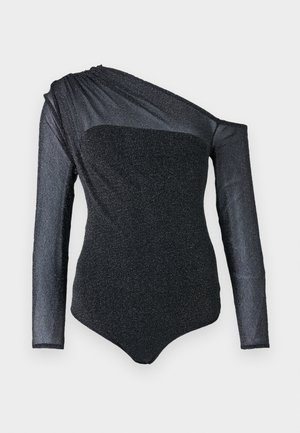 Black bodysuit featuring long, one-shoulder sleeve, textured fabric with subtle shimmer, and sleek fit. Smooth neckline and modern design.