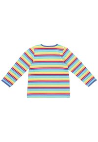 Camicia a maniche lunghe con strisce orizzontali multicolori in blu, rosso, giallo e verde. Presenta un collo rotondo e polsini a contrasto.