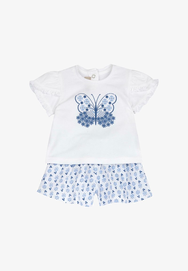 Ensemble blanc à manches courtes pour tout-petit avec imprimé floral papillon sur le haut et short bleu à motif floral.