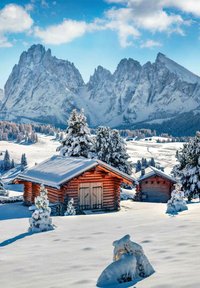 Chalets en bois aux toits couverts de neige dans un paysage enneigé, entourés d'arbres saupoudrés de neige et de montagnes imposantes sous un ciel bleu.