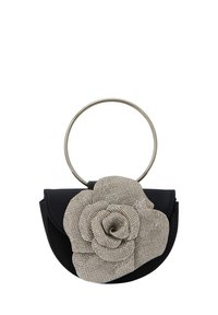 Sort pungtaske med en rund form, prydet med en tekstureret metallisk rosinddetail og et sølvfarvet rundt håndtag.