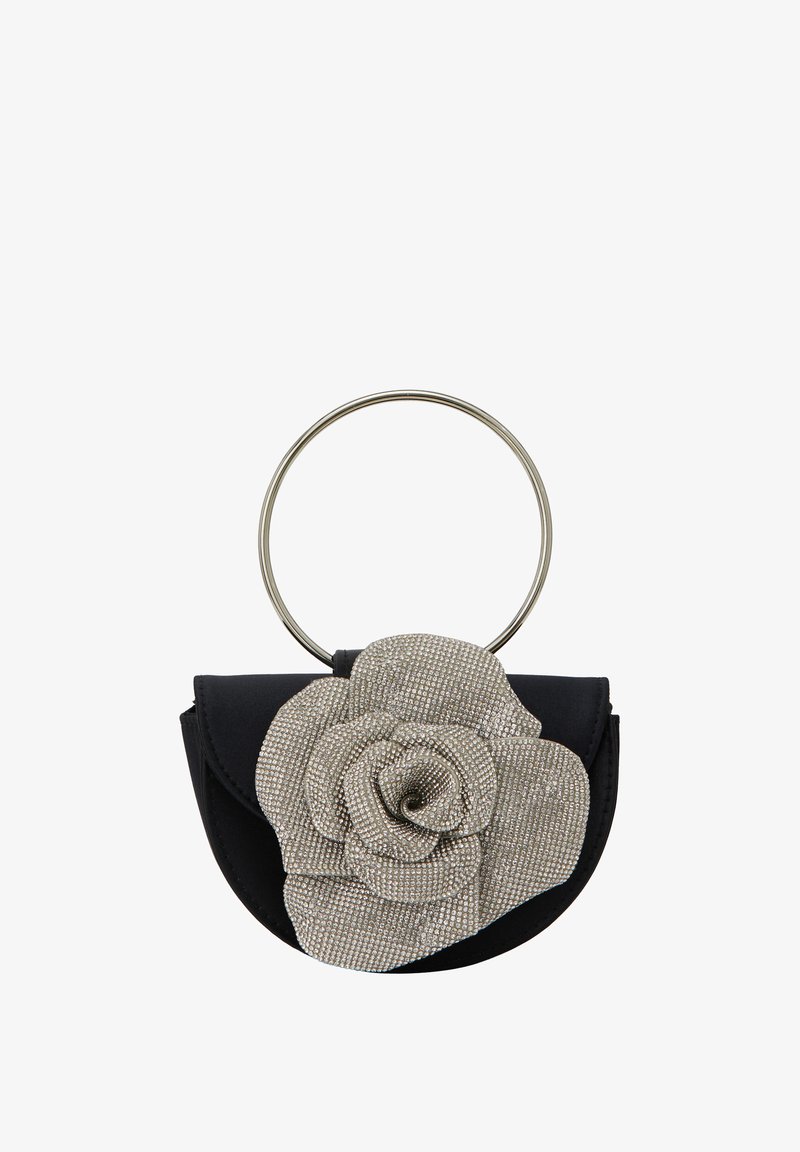 Borsa a pochette nera con forma arrotondata, caratterizzata da un dettaglio metallico in forma di rosa texturizzata e una maniglia circolare argento.