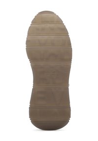 Suela de zapato de goma en color beige claro, con surcos horizontales y una superficie texturizada. Las marcas incluyen el logotipo de la marca y patrones distintivos.