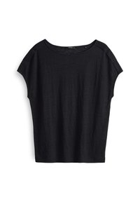 Zwart t-shirt met korte mouwen, ontspannen pasvorm, ronde halslijn en zachte textuur. Gemaakt van lichtgewicht stof met minimale ontwerpdetails.