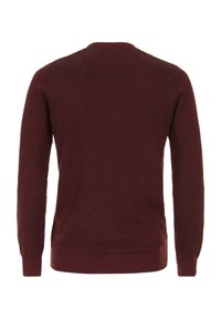 Ribbed maroon sweater featuring a crew neck, long sleeves, and ribbed cuffs and hem. The fabric has a textured finish.