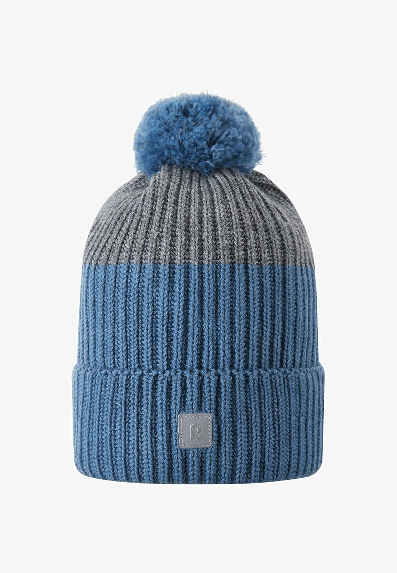 Blue and grey knitted beanie with a ribbed design, topped with a fluffy blue pom-pom. Features a grey square tag with an "R" logo.
