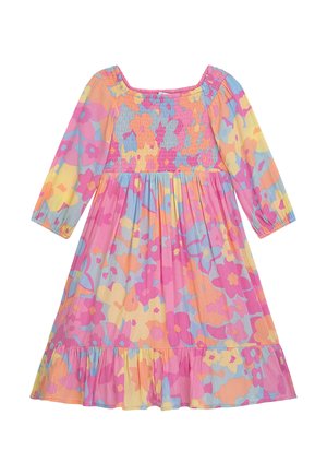 Floral-patterned dress featuring a smocked bodice, long sleeves, and a flared, tiered skirt. Colors include pink, yellow, and blue.